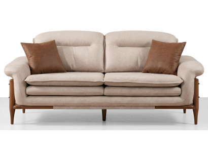 3-Sitzer Sofa Weich Leder Beige Modern Bequem Holzelemente Stilvoll