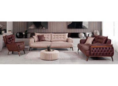 Polstergarnitur 3-Sitzer sofa Sessel Leder Kissen Dunkelbraun Beige
