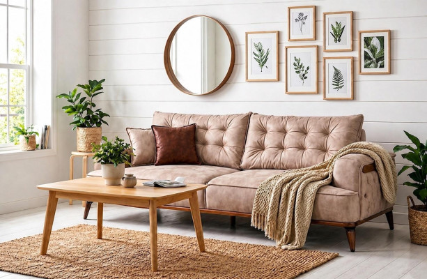 3-Sitzer sofa Leder Modern Kissen Elegant Komfortabel Bequem Beige Neu