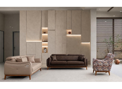 Polstergarnitur 3-Sitzer sofa Leder Beige Braun Kissen Akzent Sessel