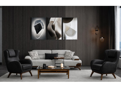 Polstergarnitur 3-Sitzer sofa Textilien Grau Sessel Schwarz Kissen Neu