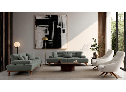 Polstergarnitur 3Sitzer sofa Sessel Stoff Kissen Weiß Grün Modern Neu