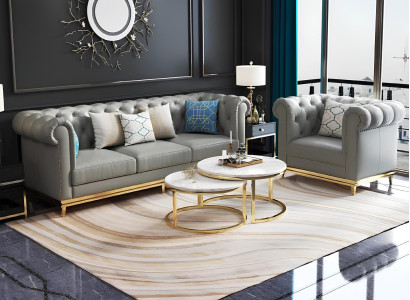 Chesterfield Edelstahl Couch Sitz Garnitur Leder Wohnzimmer Polster Sofa 3+2 Neu