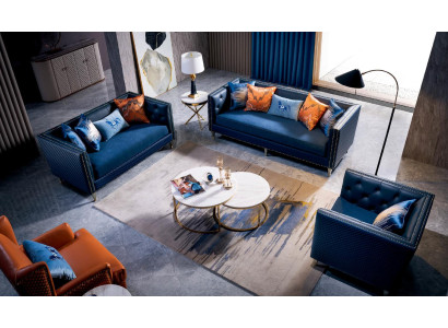 Ledersofa Couch Sofagarnituren 3+2+1 Sitzer Garnitur Design Modern Sofa Blau Neu