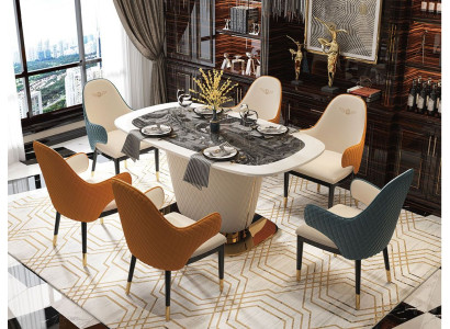 Luxus Designer Esszimmer Esstisch 6x Lehn Stühle Metall Leder Gruppe Gruppe 7tlg