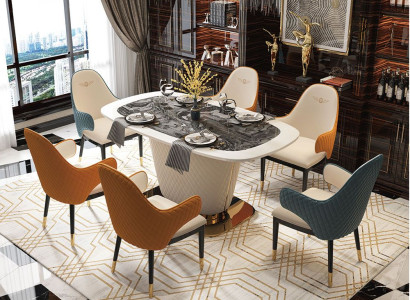 Luxus Designer Esszimmer Esstisch 6x Lehn Stühle Metall Leder Gruppe Gruppe 7tlg