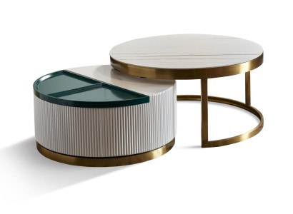 Runder Couchtisch aus Holz mit Edelstahl in natürlichem Design