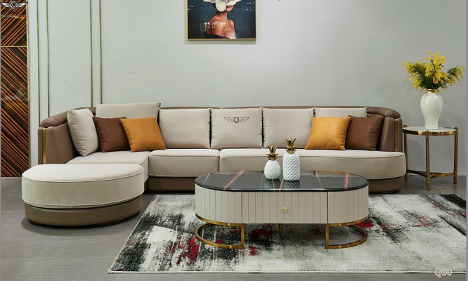 Ecksofa L Form Couchtisch Sofa Couch Design Polster Textil Modern Beige Tisch