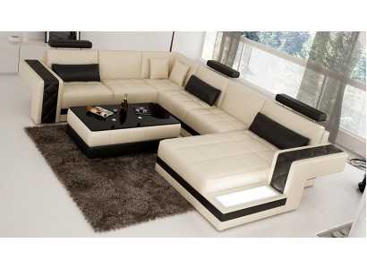 Beige Sofa Ecksofa Wohnlandschaft mit Regal Polster Sitz Garnitur Ledersofa USB