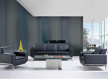 Ledersofa Set in Schwarz mit Edelstahl-Details, modernes Design