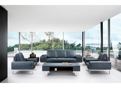 Kunstleder Sofa-Set in Schwarz mit Edelstahl-Details und modernem