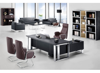 Moderner Leder-Eckschreibtisch in Schwarz mit Edelstahldetails