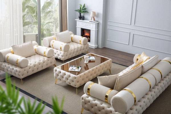 Couchtisch Chesterfield Weiß Edelstahl Modern Rechteckig Form Textil