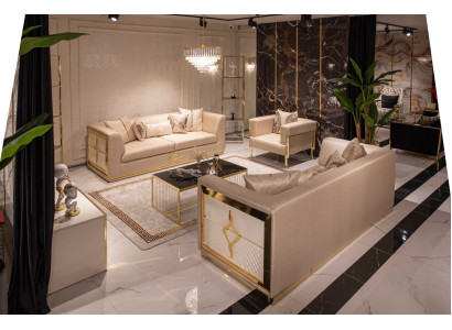 Sofagarnitur 3+3+1 Sitzer Sofa Sessel Gruppe Set 3tlg Beige Gold Möbel Neu