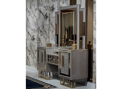 Grauer Schminktisch mit Spiegel Schlafzimmer JV Möbel Design Konsol Hocker Neu