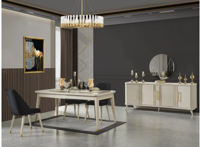 Esszimmer Essgruppe Esstisch 6x Lehnstühle Kommode Spiegel Tisch 9tlg.