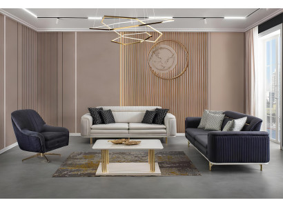 Moderne Wohnzimmer Garnitur blaues Sofa + blauer Sessel + Couchtisch neu modern