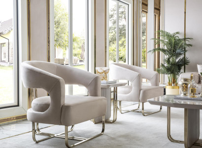 Wohnzimmer Set Beige 2x Sessel Weiß Beistelltisch Elegantes Möbel Neu