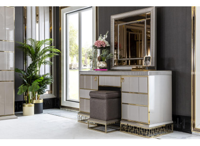 Schlafzimmer Set Weiß Schminktisch Spiegel Schön Hocker Holz Elegantes Neu 3tlg.