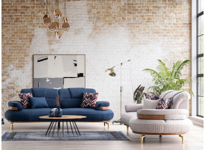 Moderne Sofagarnitur 3+3 Wohnlandschaft Beige Blaue Sitzgarnituren Stoffsofa