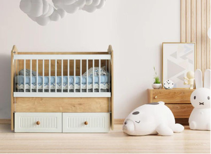 Babybett Holz Weiße Gitterstäbe Stilvolle Schubladen Stauraum Modernes Design
