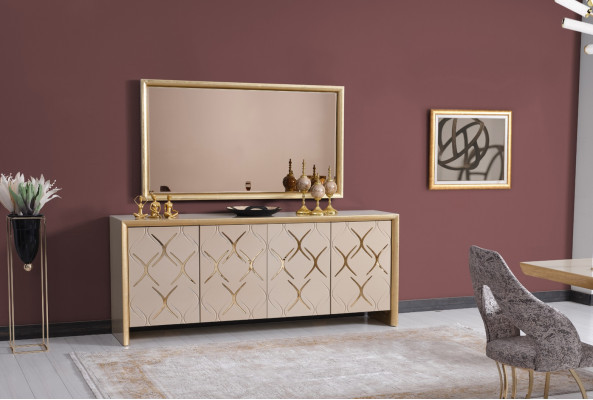 Esszimmer Garnitur Sideboard mit Spiegel Luxus Sideboard Holz beige 2tlg