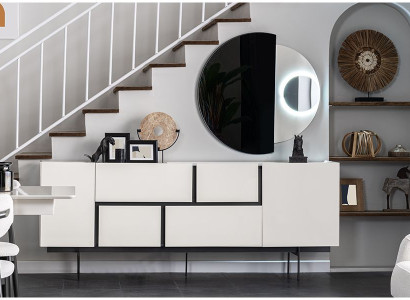 Weiß-Schwarze Esszimmer Anrichte Spiegel Luxus Wandkommode 2tlg Set