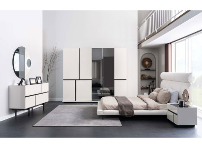 Weißes Schlafzimmer Set Doppelbett Kleiderschrank 2x Nachttische Spiegel