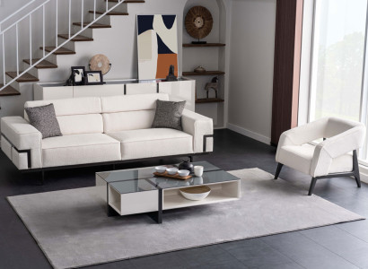 Wohnzimmer Weiße Polstergarnitur 3+1 Sitzer Designer Glas Couchtisch