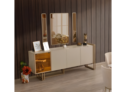 Anrichte Sideboard mit Spiegel Gruppe Kommode Holz Beige Esszimmer