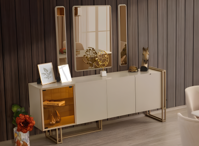 Anrichte Sideboard mit Spiegel Gruppe Kommode Holz Beige Esszimmer