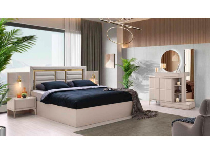 Schlafzimmer-Set 5tlg Modern Beige Farbe Bett Nachttische Schminktisch Spiegel