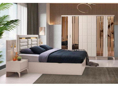 Schlafzimmer-Set 4tlg Beige Bett Nachttische Kleiderschrank Modern Design Stil