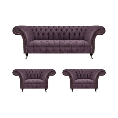 Chesterfield Dunkellila Sofagarnitur Dreisitzer 2x Textil Sessel 3tlg