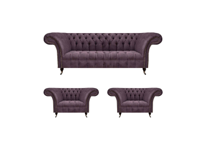 Chesterfield Dunkellila Sofagarnitur Dreisitzer 2x Textil Sessel 3tlg