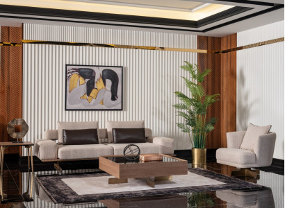 Beige Holz-Textil Wohnzimmer Set modern Sofa und Sessel