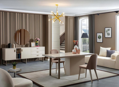 Beige Esstischset 4 x stühle tische küche luxusmöbel anrichte spiegel