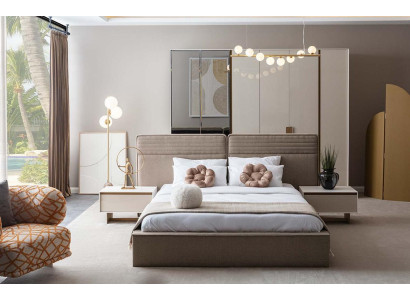 Polsterbett 2x Nachttische Holz Luxuriöses Beige Schlafzimmerset neu