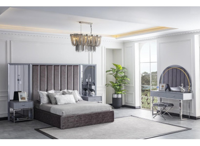 Schlafzimmer Möbel Set Grau Bett Schminktisch Nachttisch Hocker 6tlg.