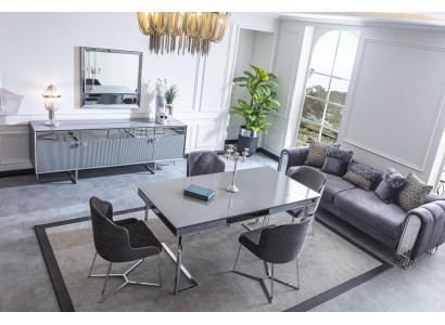 Stilvolles Graues Esstischset Schiebetisch 4 bequeme Stühle Küche Sessel