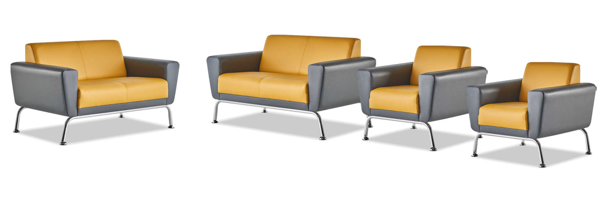 Komplett-Set 2-Sitzer Sessel Gelb Grau Edelstahl Ledersofas Sofa-Set
