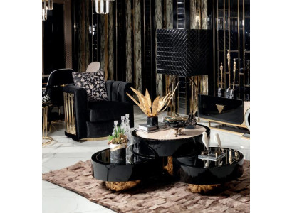 Wohnzimmer Set 3tlg Sessel Couchtisch Vitrine Luxus Schwarz Einfarbig Polyester