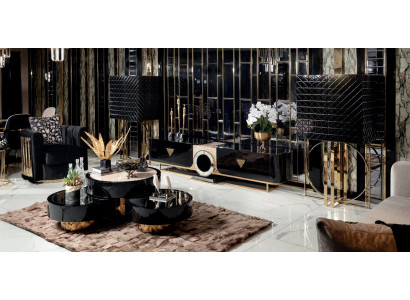 Set 6tlg Sessel Couchtisch Sideboard mit Spiegel Vitrine Wohnzimmer Luxus Holz