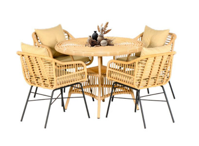 5 tlg. Hochwertiges Rattan Set Garten Möbel Essgruppe Esstisch Stühle Modern Lux