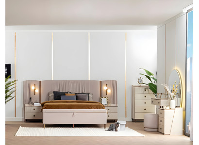 Komplette Schlafzimmer Set Doppelbett Schminktisch Beige 8tlg Holz Modern