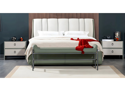 Schlafzimmer Garnitur Doppelbett Bett Nachttische Weiß Stoff 4tlg Set