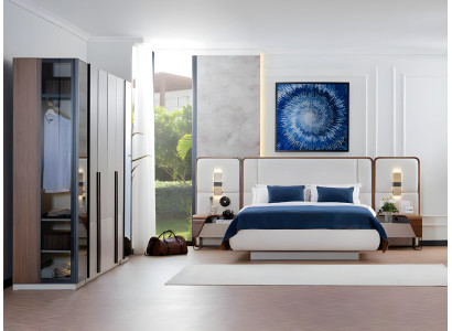 Garnitur Schlafzimmer Bett 160 cm Nachttische Schrank Weiß Stoff 4tlg