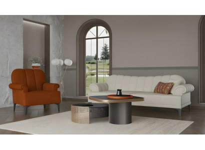 Couch Garnitur Dreisitzer Sessel Stoffsofa Sofa Weiß Polyester Orange