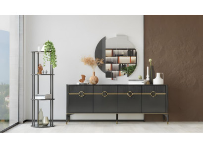 Garnitur Anrichte Spiegel Schrank Holzschrank Grau Holz Kommode Luxus