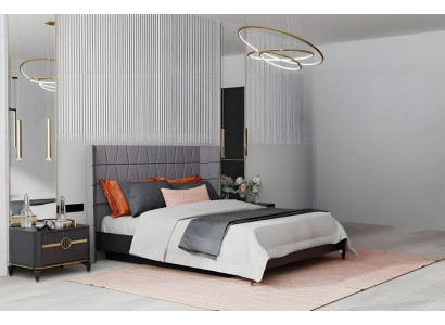 Schlafzimmer Garnitur Doppelbett Nachttische Bett Stoff Holz 3tlg Grau